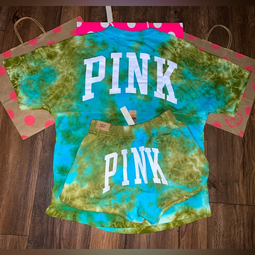 NEW VS PINK SIZE SMALL GREEN AND BLUE TIE DYE VARSITY SET.